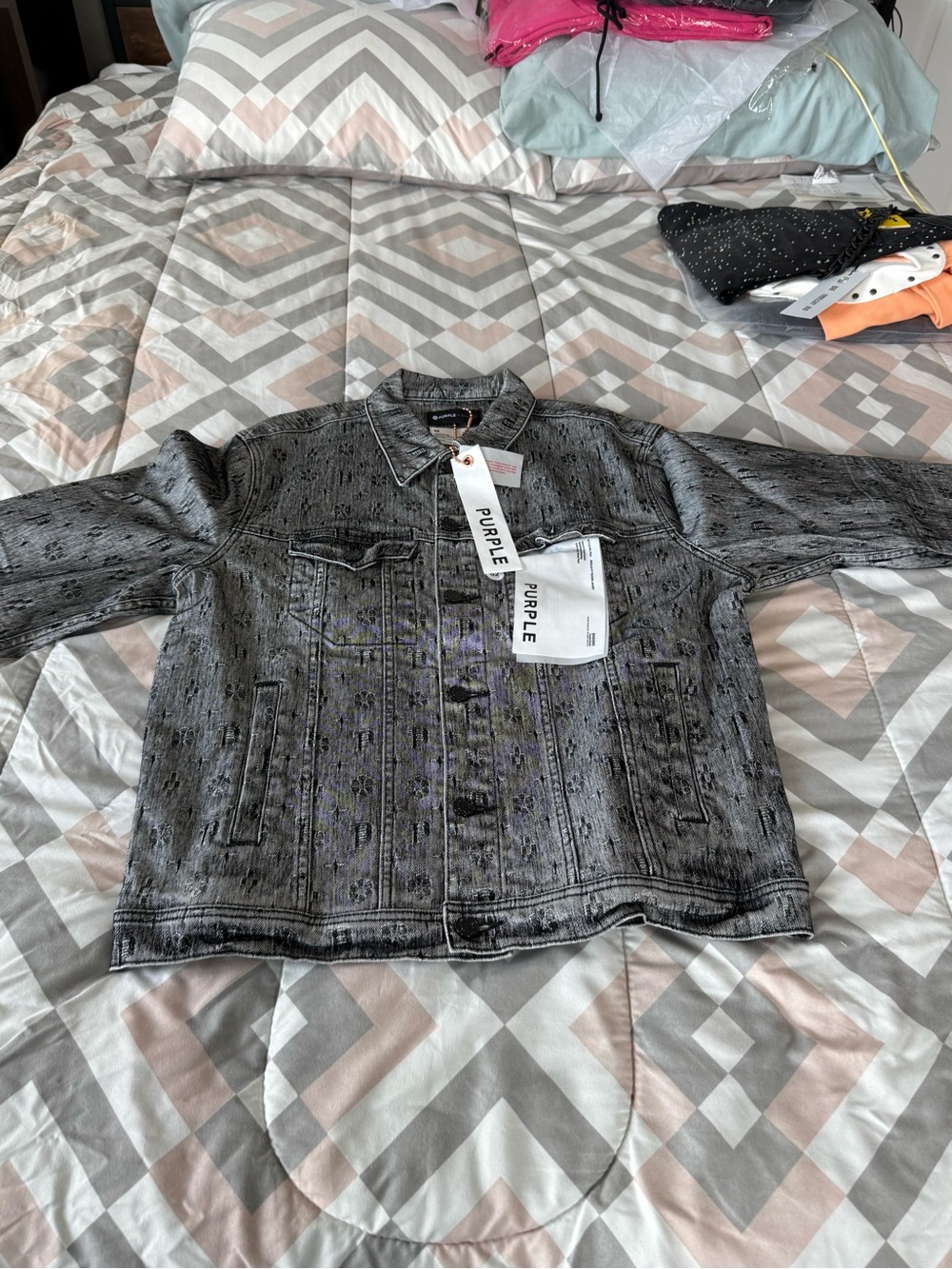 PURPLE Men’s Distressed Black Gray Denim Jacket